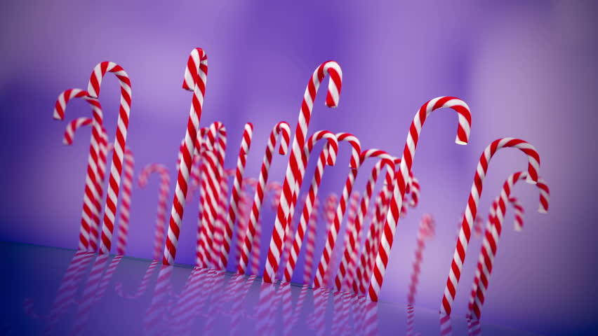 Hard cane-shaped candy sticks with traditional white and red stripes, flavored with peppermint is very popular during Christmas holidays. Animation is loopable.