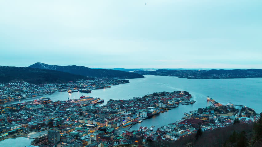 Sunset over the fjords. Bergen, Norway. TimeLapse