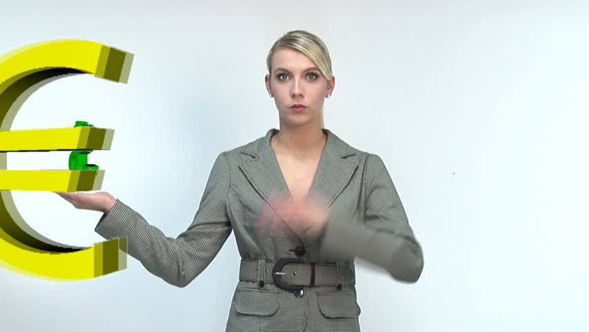  HD1080i Young blonde business woman with currency signs. Falling dollar / euro. CGI.