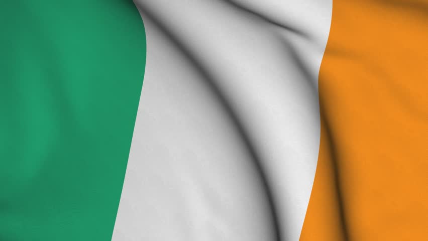 Seamless looping high definition video closeup of the Irish flag with accurate design and colors and a detailed fabric texture.