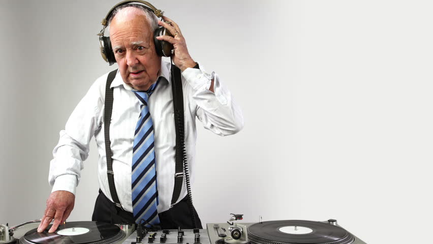 a very funky elderly grandpa dj mixing records
