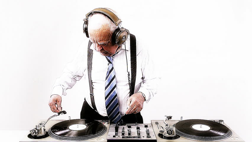 a very funky elderly grandpa dj mixing records
