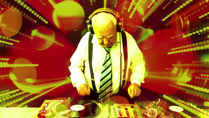 a very funky elderly grandpa dj mixing records
