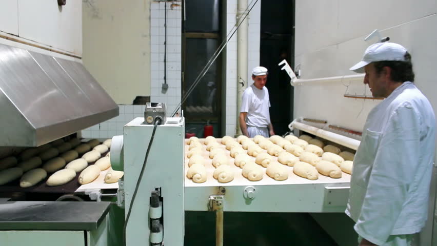 Bakery production line ; workers control the quality loaves of bread at the entrance the oven,video clip
