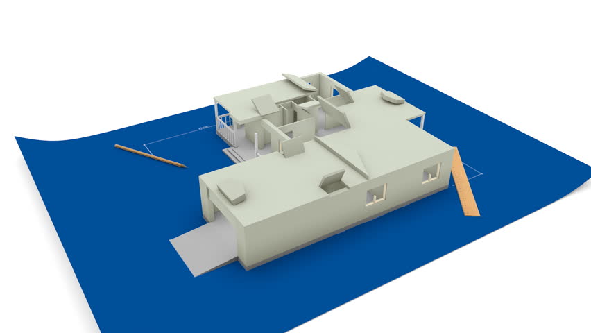 High quality animation of a house being built on a blueprint paper
