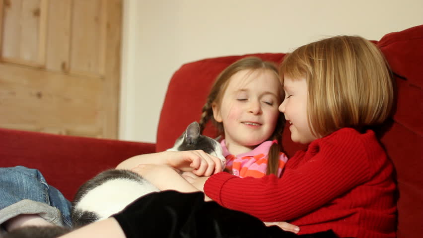 Two little girls cuddling a cat and smiling to camera