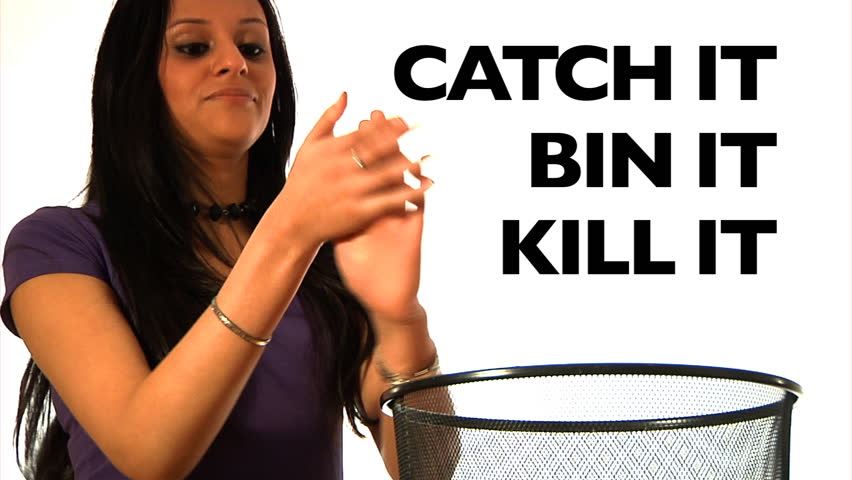 Cold and Flu Hygiene Advice - Catch it; Bin it; Kill it. A young woman catches a cough and sneeze in a tissue, puts it in a bin and then kills the germs with hand sanitizer.