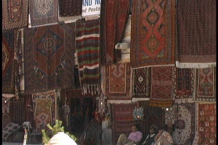 Beautiful Turkish carpets displayed for sale at a large carpet shop