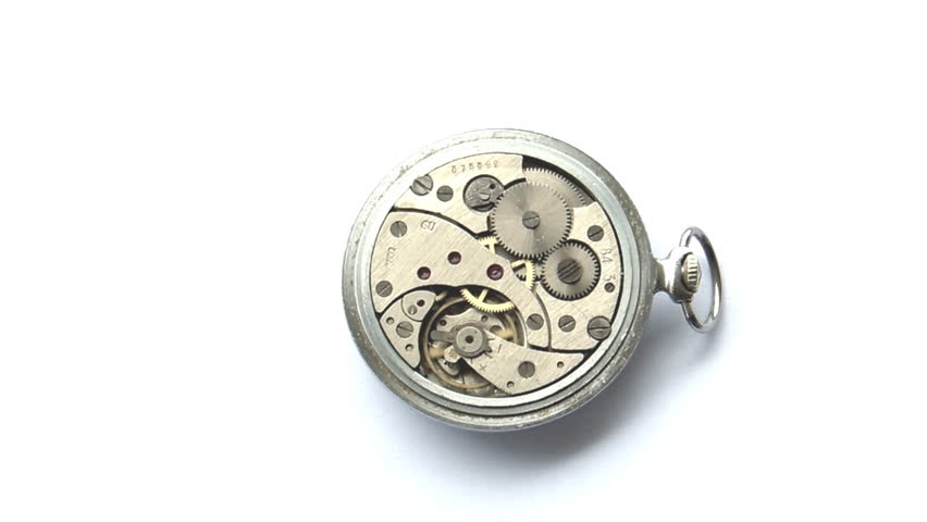 Backview of a vintage russian clockwork in a silver pocket watch.