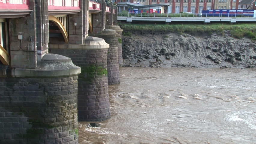 The large reinforced brick pillars to withstand the large tidal rise and strong currents of the muddy river Usk.