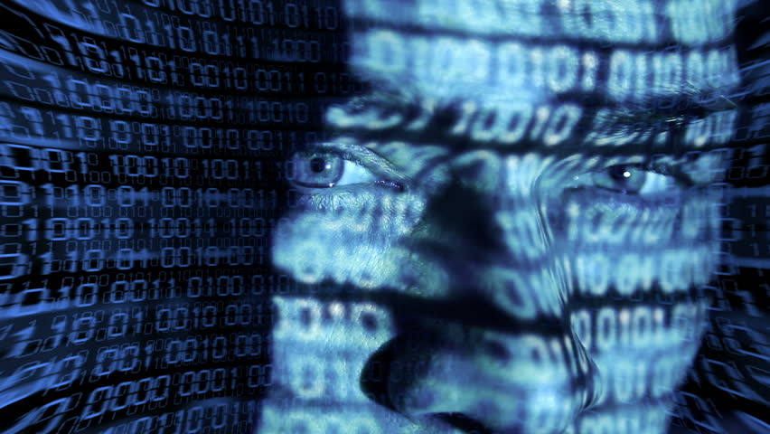 ID theft looking at the camera with binary codes reflections and animations
