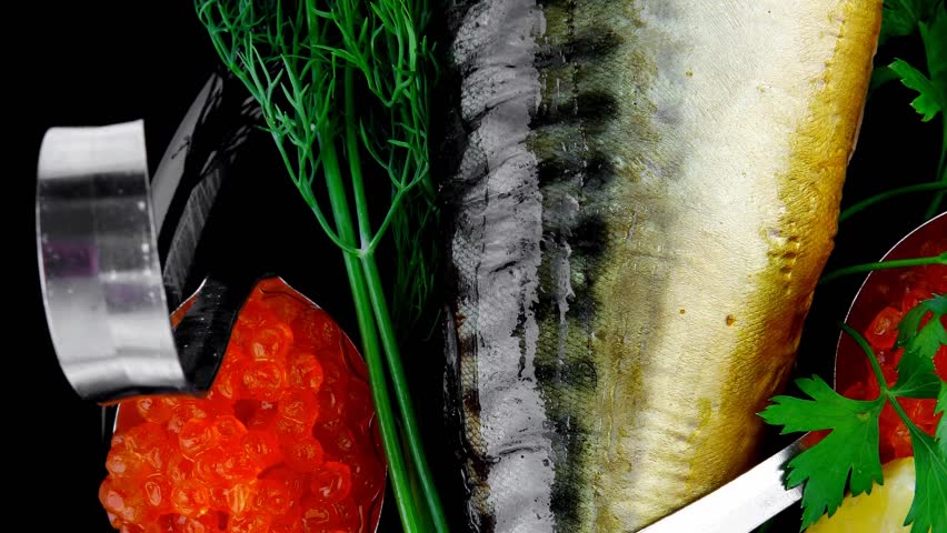 smoked fish served with salmon red caviar 1920x1080 intro motion slow hidef hd