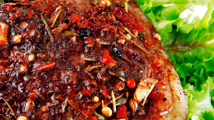roast steak served on green salad on bowl 1920x1080 intro motion slow hidef hd