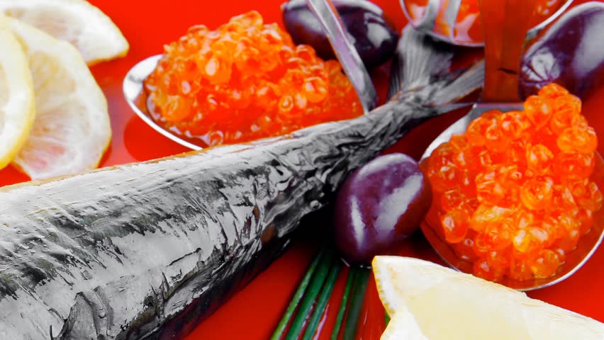fish on red plate with lemon and caviar 1920x1080 intro motion slow hidef hd