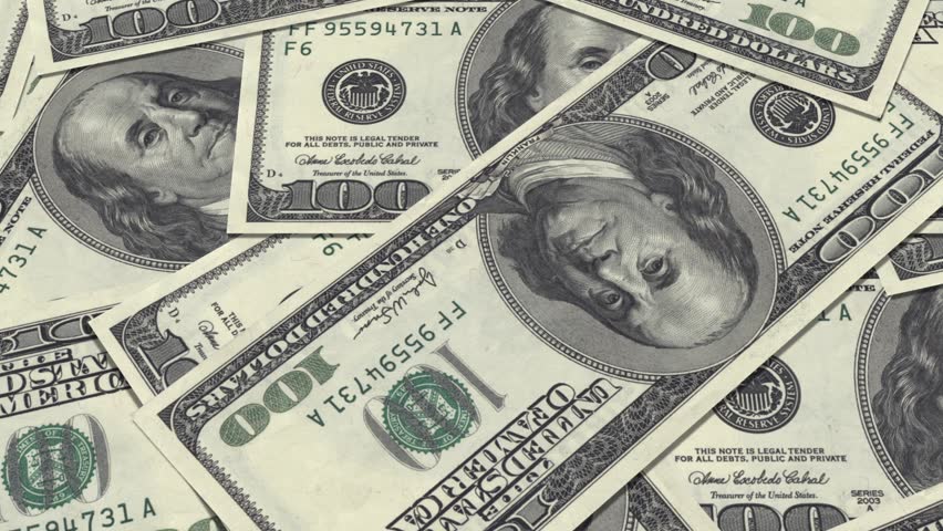 One hundred dollar bills, fly over 100 money notes 3d animation.