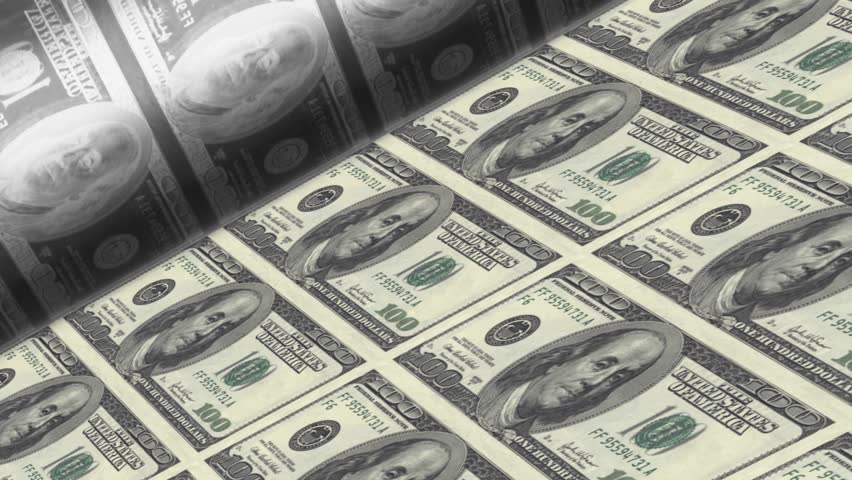 Offset Printing US dollar banknotes (100 dollar bill sheet). Very detailed high resolution 3D render.LOOP