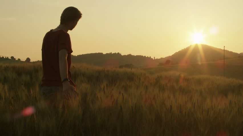 Young Man Walking and Raising Hands in the Wheat Field at Sunset Time