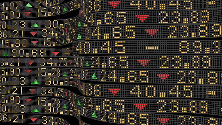 Stock Market Tickers sliding on a curved path at various speeds