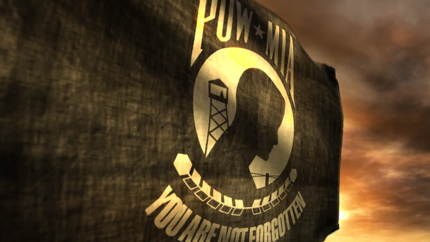 (1096) POW MIA Flag with Sunset. Themes: military, war, USA, independence, Vietnam, memorial, remembrance, activism.