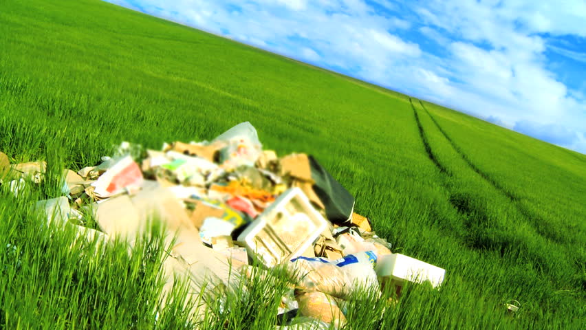 Concept shot of discarded rubbish (trash) polluting a clean environmental field