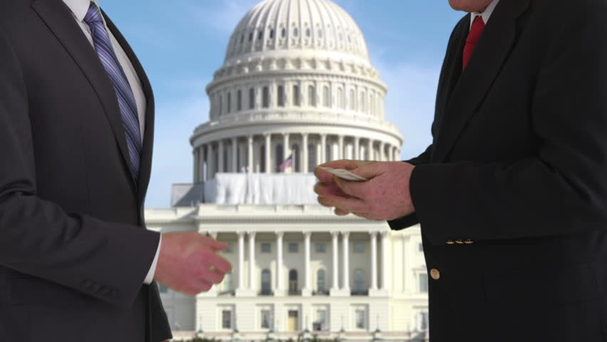 Politician giving bribe in front of US Capitol building