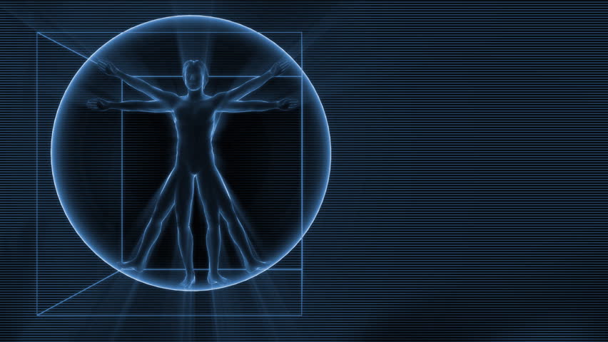 3d rotating Da Vinci man on the background with science symbols. Seamless loop.