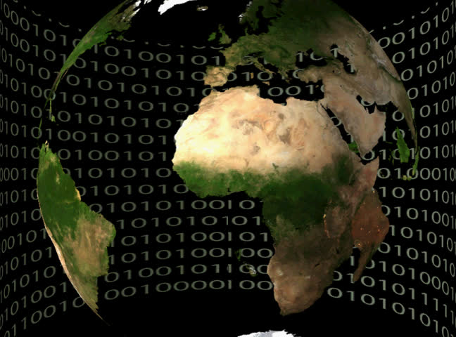Transparent spinning globe with moving binary code background