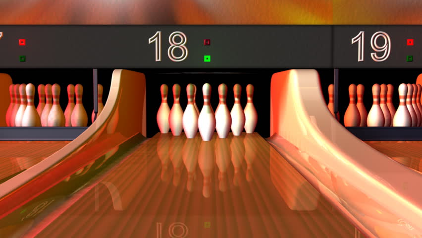 A slow motion, 3D animation of a bowling alley, in close up. The ball makes a strike, then the sweep blocks fallen pins.
