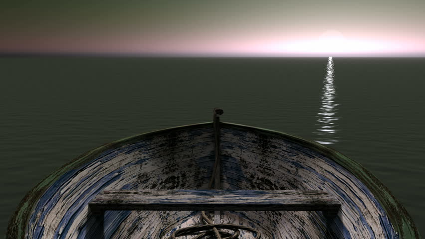 Pretty old row boat on open water with  gleaming yet hazy sunrise/set. Get out of the boat.  Have a little faith.  Trust. Relax!