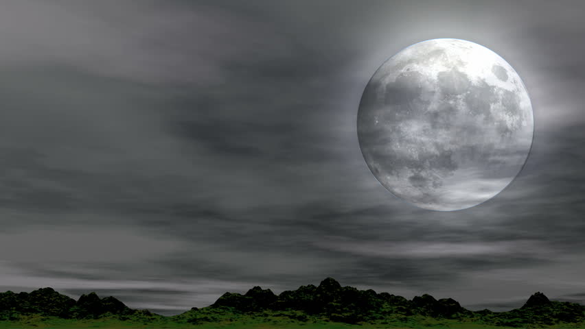 Time lapse telescopic view of large full moon with slightly out-of-focus wispy clouds passing overhead. This is a seamless looping clip
