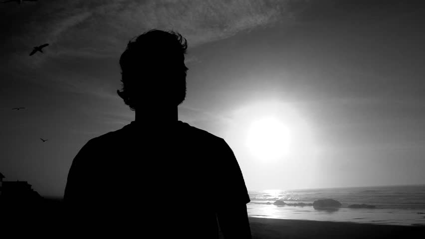 Silhouette Of Man Standing On Beach Watching Sunset Over Pacific Ocean Stock Footage Video 7991