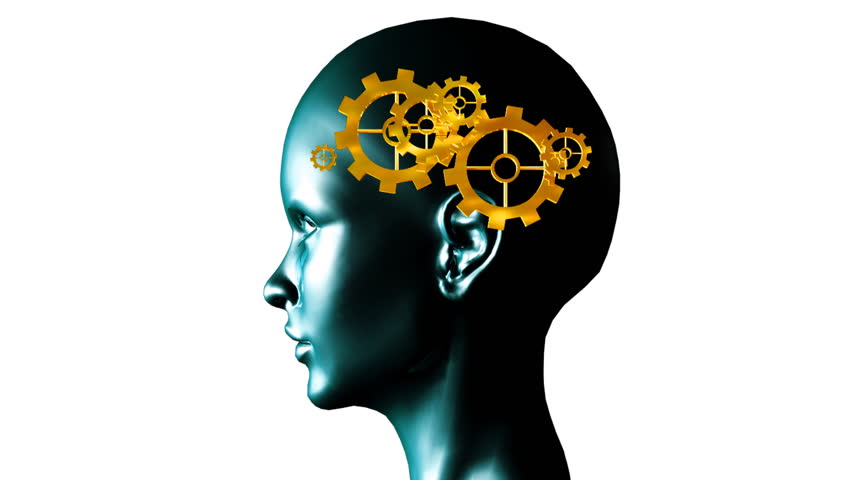  	Human head with gears and cogs in motion. Concept of thinking