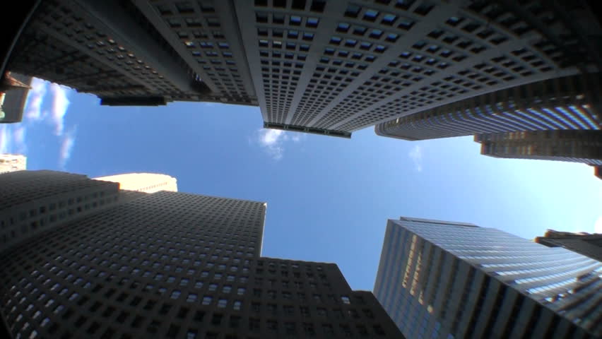 High-angle motion-jib view of skyscrapers in the financial district of New York City, USA