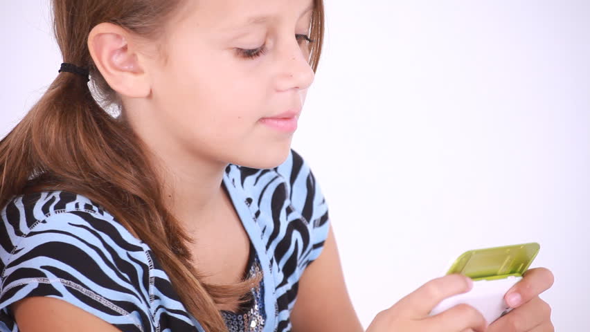 A young girl rolling her eyes and expressing confusion or doubt after reading a text message.