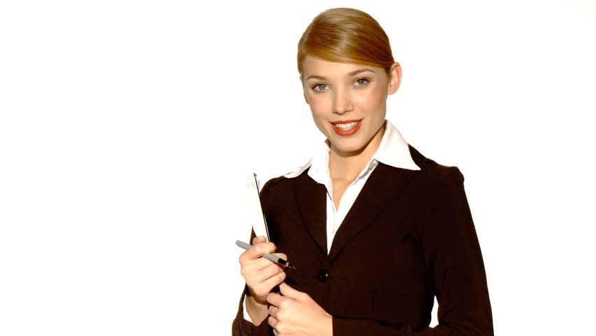 Beautiful young blond businesswoman with clipboard 