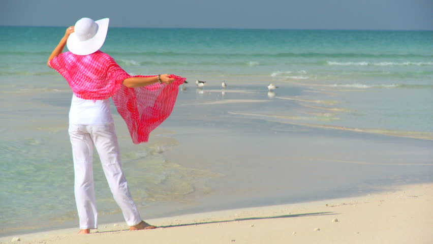Elegant young female on a beautiful white sandy beach looking at aquamarine waters 60 FPS