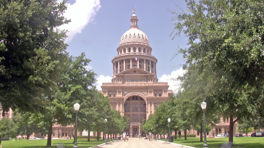 Video of the front of State Capital of Texas, Austin. Government headquarters for Senate and house of Representatives. Laws and legislator. Senate Chamber.