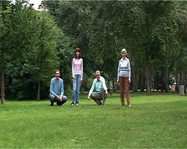 Children run towards their parents and grandparents, afterward all the family runs away