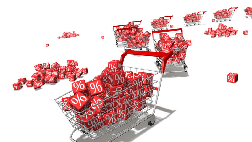 Shopping carts with red cubes. Concept of discount. 