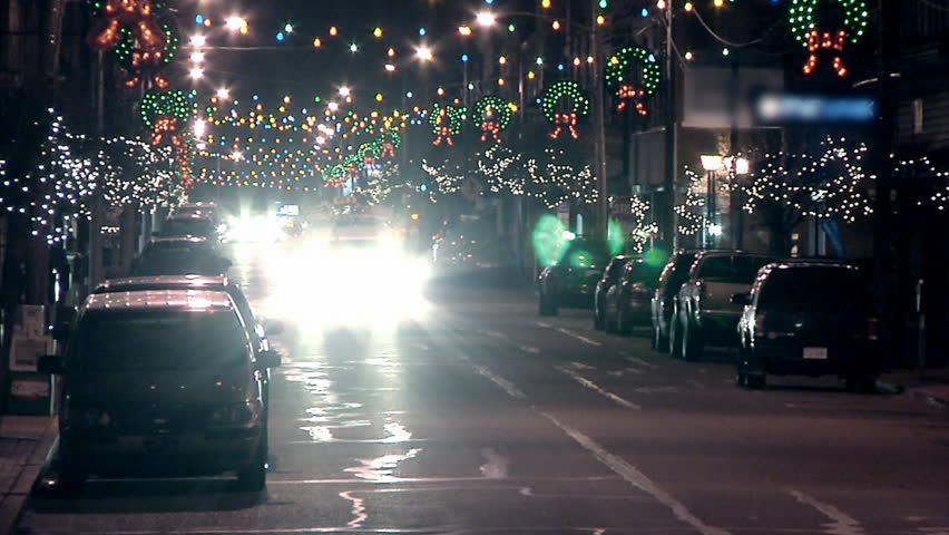 A small town decorated for Christmas.