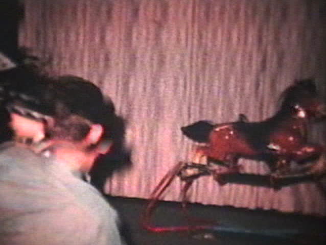 A little boy plays cowboy with his dad in the living room complete with pistols and hat.