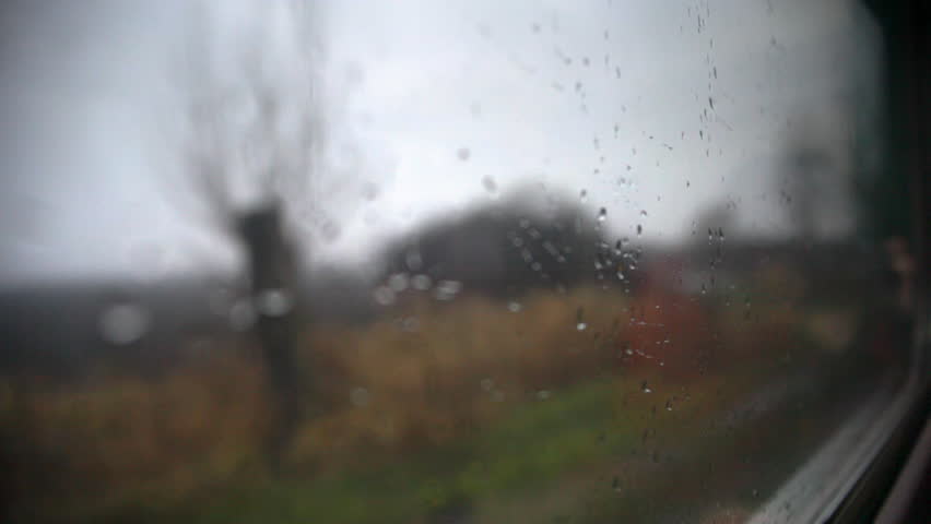 water drops on a train window on winter wide angle