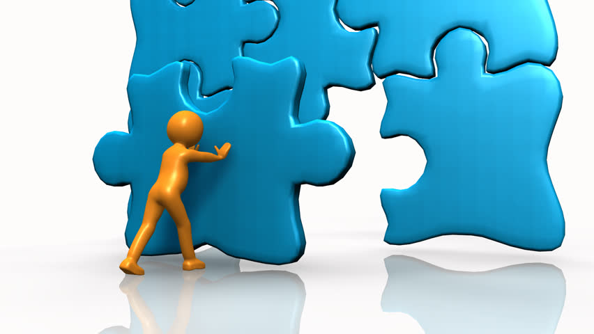 3D man completing a big puzzle against a white background