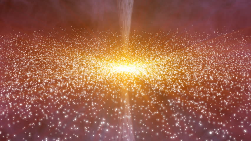 Galaxy rotating with cluster of stars and a shooting jet to the center