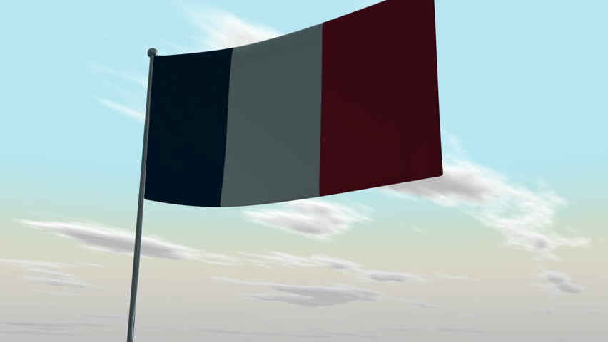 French flag waving in the wind with a sunflare