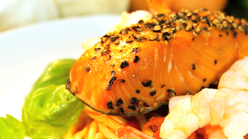 Tempting low-fat meal of fresh salmon & seafood pasta