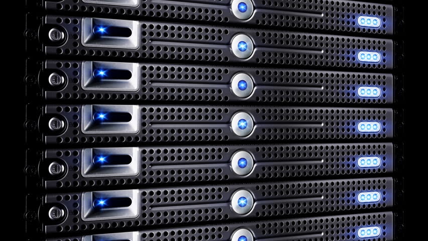This CG rendering is of a generic set of servers with flashing blue lights. This animation is a 10 sec loop with a slight camera angle in HDV format. Other variations available upon request.  