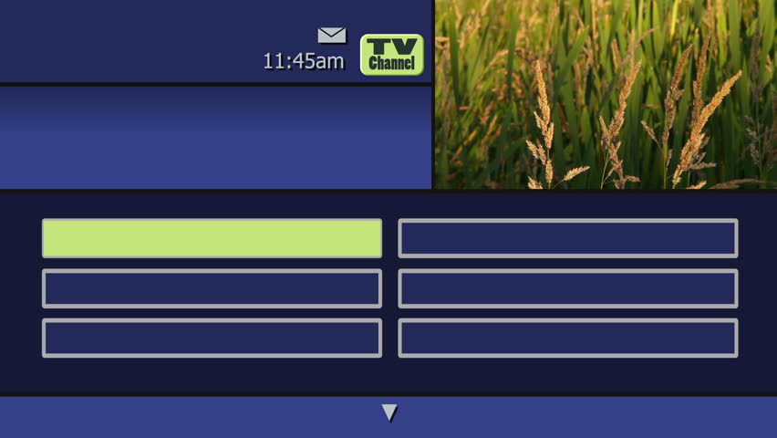 Simulation of an on-screen interactive television on demand guide menu from a cable or satellite company.  Blank areas for your own category titles.
