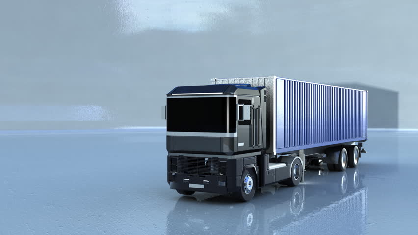 articulated lorry truck driving away with shipping container  with matte for easy compositing into your own scenes