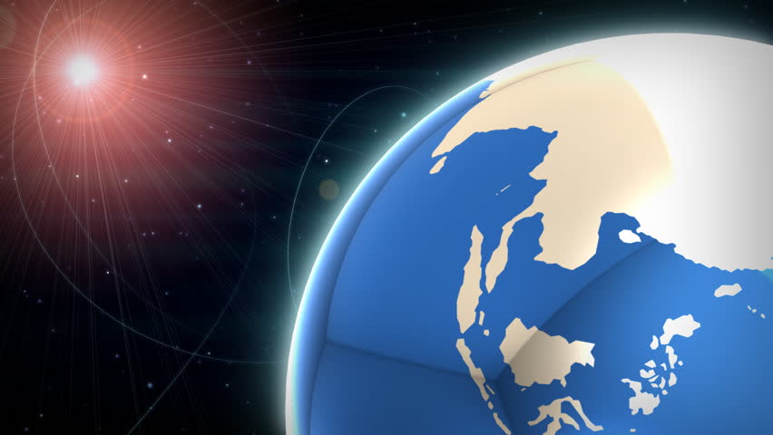 Computer-rendered animation for astronomical TV with rotating earth and the sun. 
